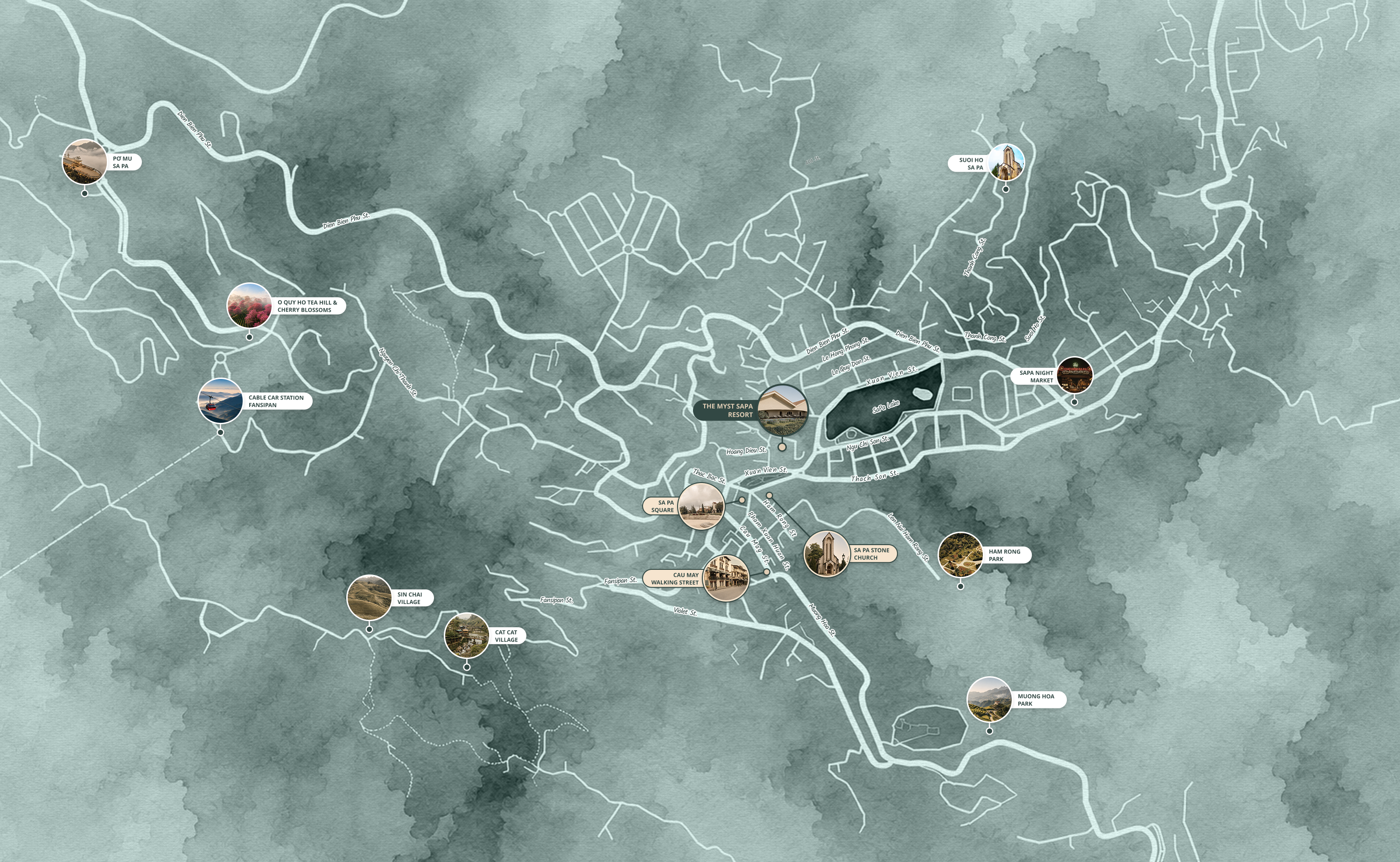 Map showing The Myst Sapa and nearby landmarks